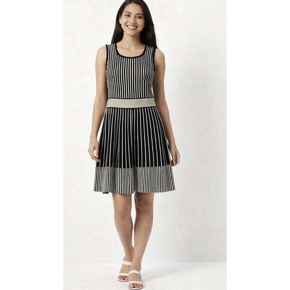 Kate Spade Black White Stripe Knit Fit Flare Dress Small Stretch Sleeveless
